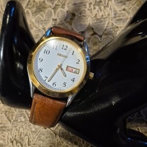 Seiko White Dial with Gold Bezel and Brown Strap